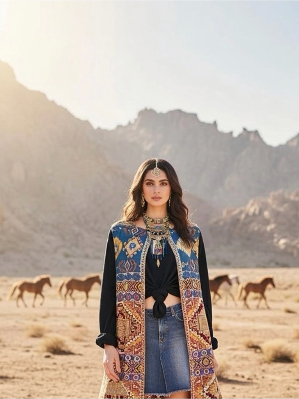 Boho Embroidered Long Vest - Blue & Multicolor Women’s Top